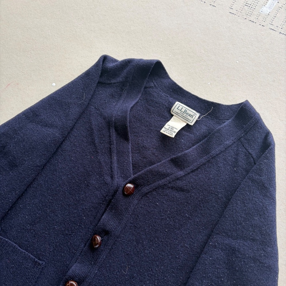 Vintage 70s L.L. Bean Lambswool Cardigan Sweater Navy Blue Distressed